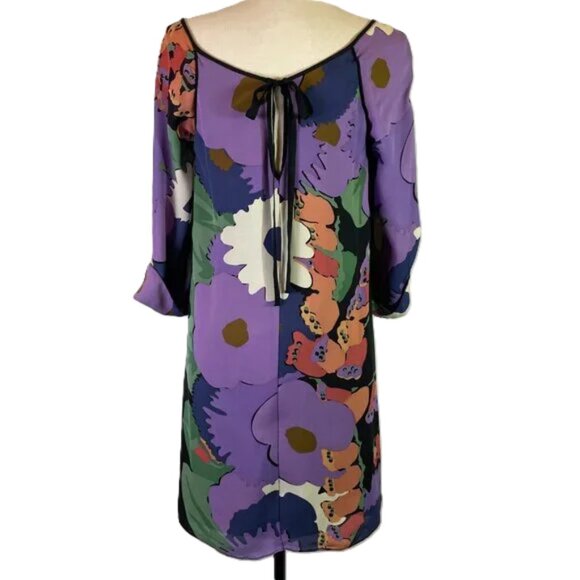 Tibi Silk Floral Tunic Mini Dress Lined 3/4 Sleeves Purple Multi Color Size 8 - Picture 4 of 13